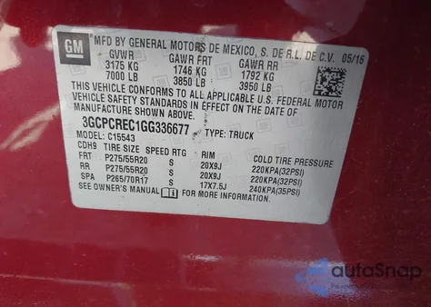 2016 Chevrolet Silverado 1500 1Lt из США, поврежденный, VIN 3GCPCREC1GG336677